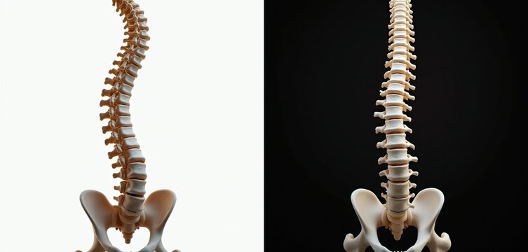 Human spinal column model shown with natural curve and scoliosis deformity. Vertebral column shows healthy alignment versus spinal curvature side by side.