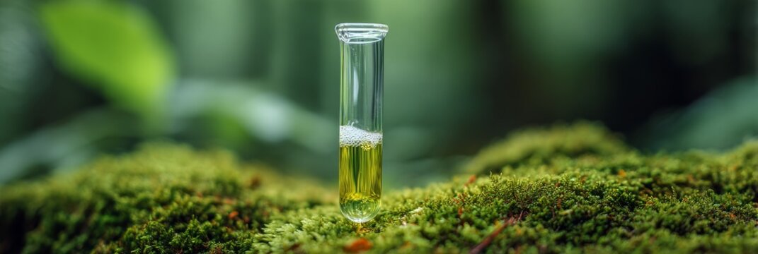 A glass test tube filled with a yellow liquid sits on green moss.