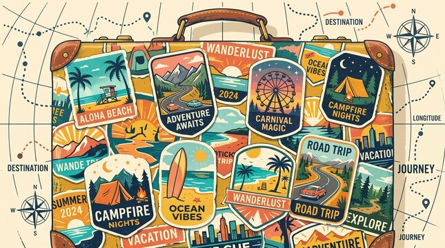 Vintage suitcase covered in travel stickers on world map background for summer vacation