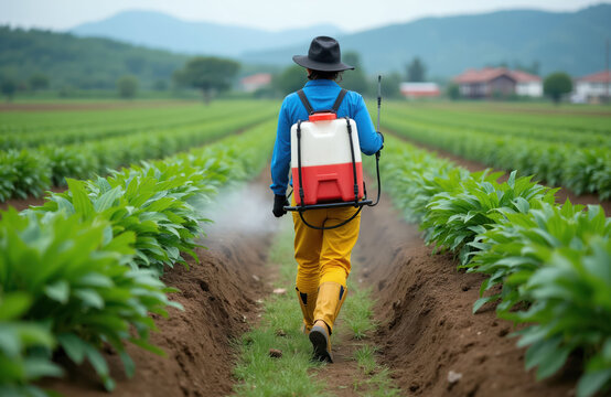 Farmer walks between crop rows spraying plants with backpack sprayer. Rural field work involves pest control and crop maintenance. Healthy plants need care for good harvest.