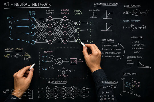 AI Neural Network Architecture Diagram with Deep Learning Equations on Blackboard