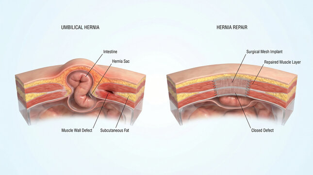 Umbilical Hernia Anatomy and Surgical Mesh Implant Hernia Repair