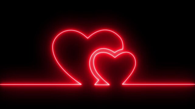 Neon line Two love hearts. Valentine's Day indicate. Love One line drawing concept. love card neon glowing icon. Bright glowing neon valentines love heart symbol animation.4k