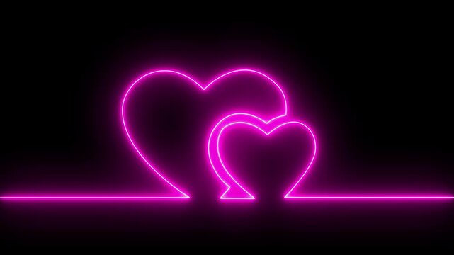 Neon line Two love hearts. Valentine's Day indicate. Love One line drawing concept. love card neon glowing icon. Bright glowing neon valentines love heart symbol animation.4k