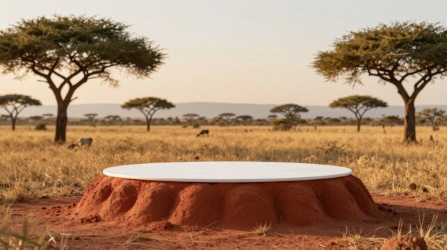 Red earth termite mound base with white circular platform in savanna landscape with trees.
