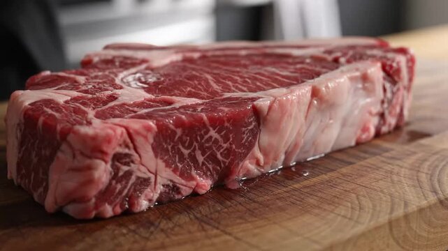 Fresh marbled beef steak being prepared on a wooden cutting board with water pouring over it for cooking or presentation