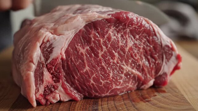 Close-up of fresh marbled beef steak on wooden surface showcasing detailed texture and rich color captured from multiple angles