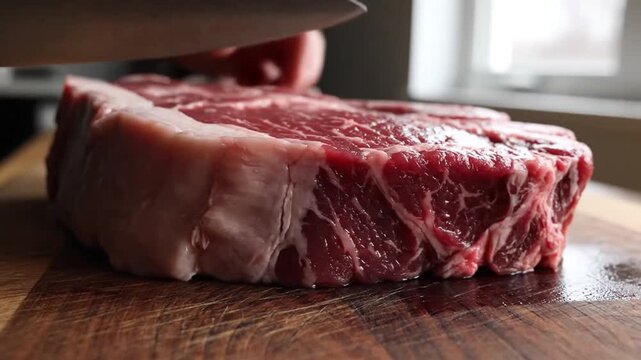 Sequence of hands slicing a fresh raw beef cut for culinary preparation on wooden surface