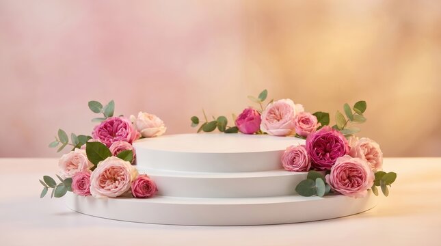 Elegant multi-tiered white podium adorned with beautiful pink roses and green leaves.