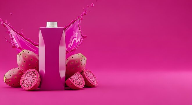 Prickly pear juice splash vibrant pink beverage product shot with fresh fruit and packaging