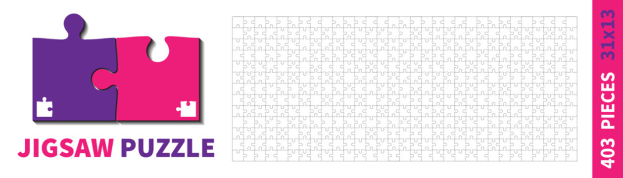 Detailed various shapes puzzle grid. Jigsaw puzzle blank template. 31x13 shapes, 403 pieces. Separate matching puzzle elements. Vector illustration