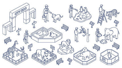 City zoo isometric set with wild animals visitors and staff workers. © GW