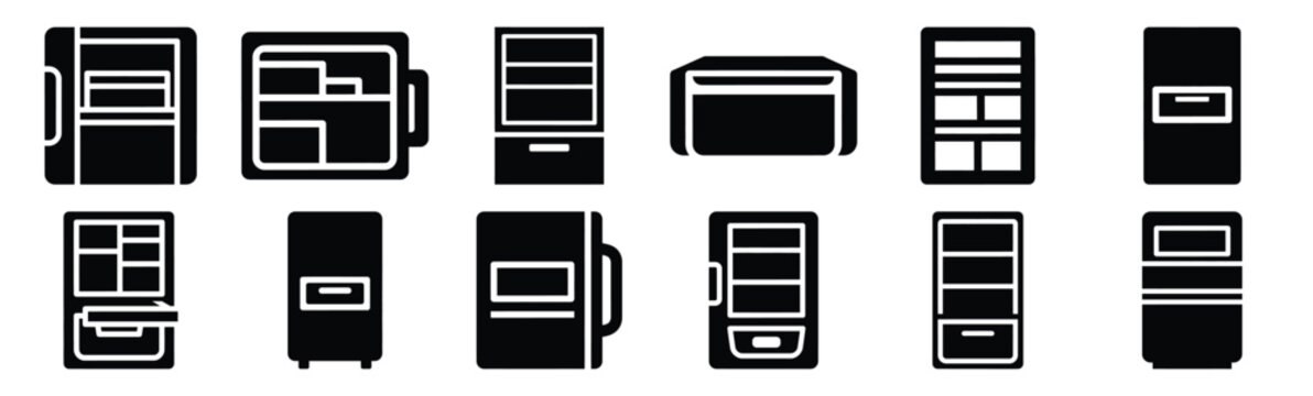 Minimalist refrigerator storage module silhouette icon set. Collection of Kitchen silhouette vector icons illustration.