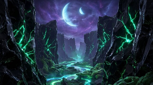 Dark alien canyon with glowing green crystal veins under double moons