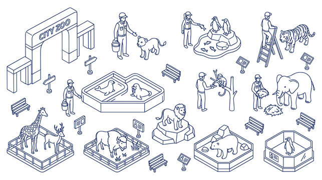City zoo isometric set with wild animals visitors and staff workers.