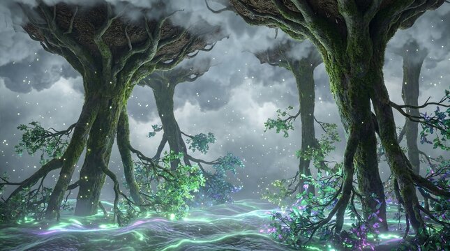 Massive inverted moss trees with glowing neon ground in stormy fantasy world