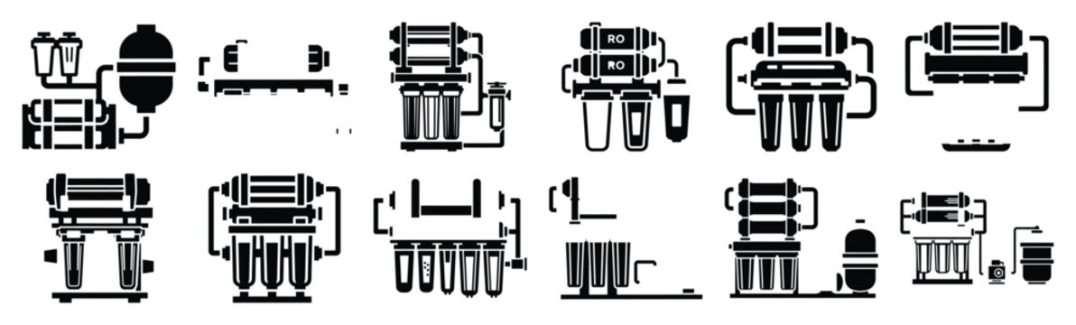 Minimalist reverse osmosis system silhouette icon set. Collection of Kitchen silhouette vector icons illustration.