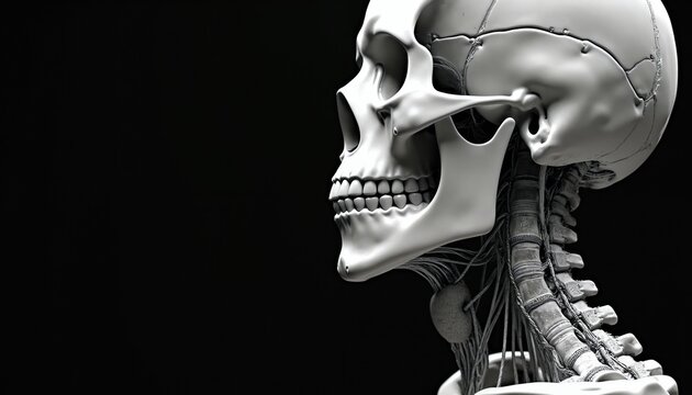 Side view of human head and neck skeleton with detailed bones and nerves. Medical 3D model shows skull jaw cervical spine structure. Scientific illustration for health and science.