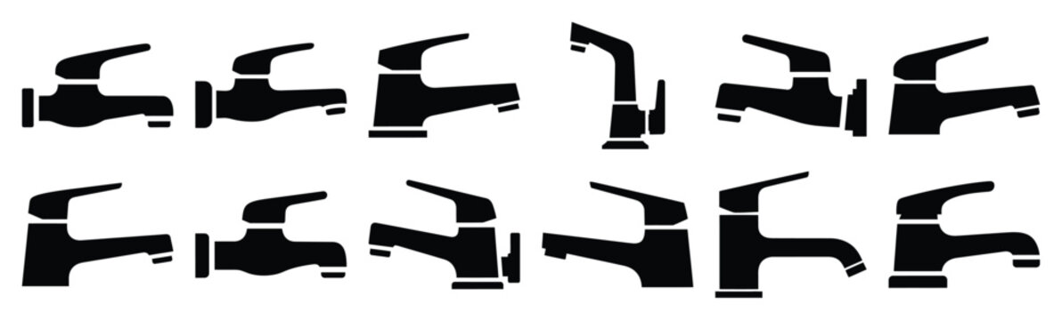 Minimalist single lever faucet silhouette icon set. Collection of Kitchen silhouette vector icons illustration.