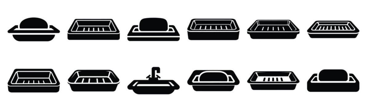 Minimalist sink soap tray silhouette icon set. Collection of Kitchen silhouette vector icons illustration.