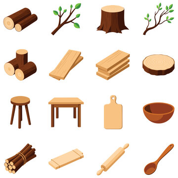 Wood industry and timber production set of timber raw materials.