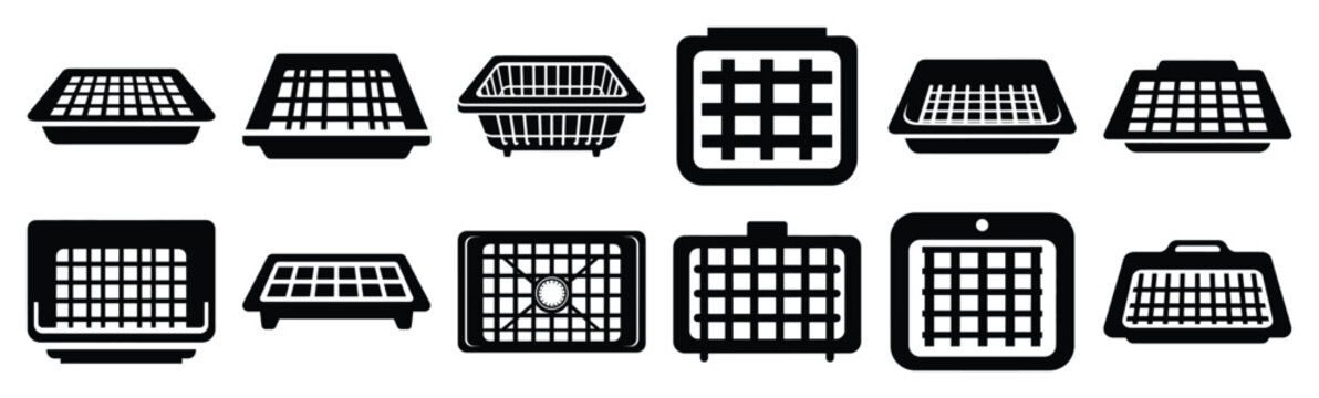 Minimalist sink grid rack silhouette icon set. Collection of Kitchen silhouette vector icons illustration.