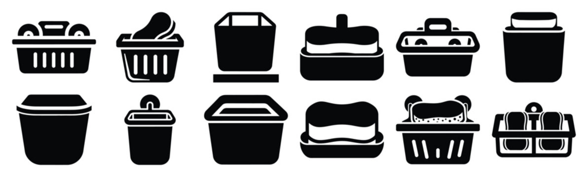 Minimalist sink sponge holder silhouette icon set. Collection of Kitchen silhouette vector icons illustration.