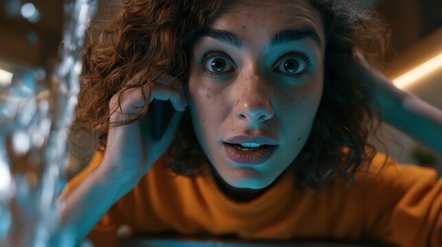 A curly-haired woman appears startled while talking on a smartphone with water splashing in the foreground under cool blue and warm orange atmospheric lighting