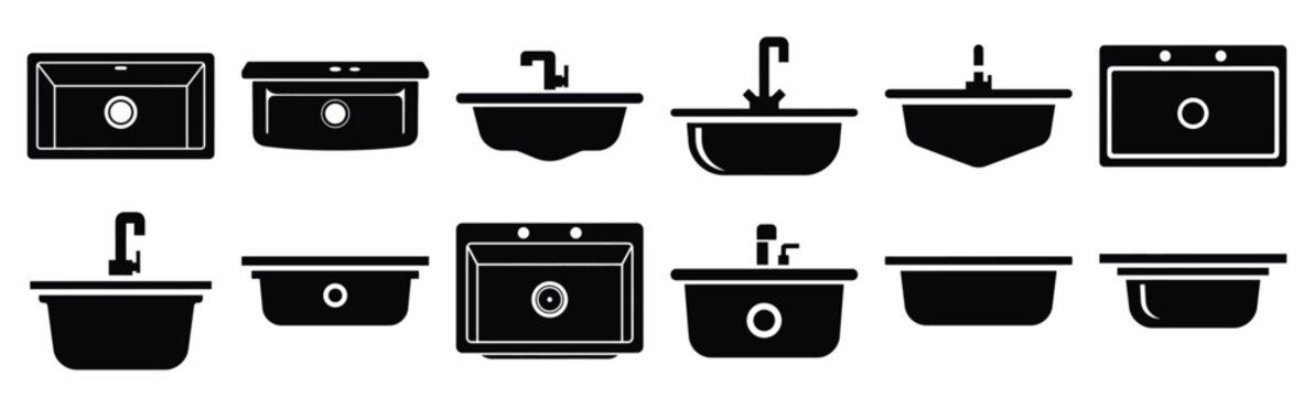Minimalist undermount sink silhouette simple silhouette icon set. Collection of Kitchen silhouette vector icons illustration.