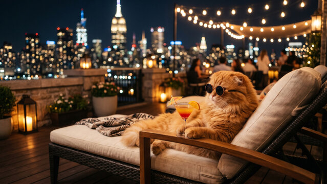 Cool Scottish Fold cat wearing sunglasses and holding a cocktail on a NYC rooftop terrace at night, relaxing on a lounge chair at a luxury rooftop bar with a city skyline view