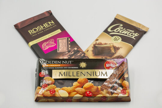Assortment of Ukrainian dark chocolate bars Millennium, Roshen and Svitoch.