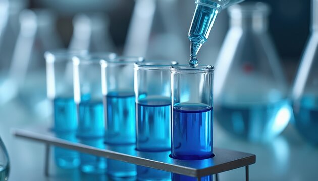 Scientist adds blue liquid drop to test tube. Flasks and beakers contain clear fluid. Lab equipment tests water purity for science research. Professional lab analysis.
