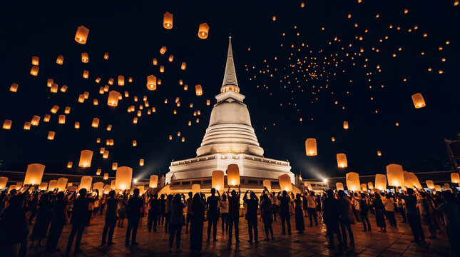 Thousands of Floating Lanterns at Night over Buddhist White Pagoda during Yi Peng Festival Thailand