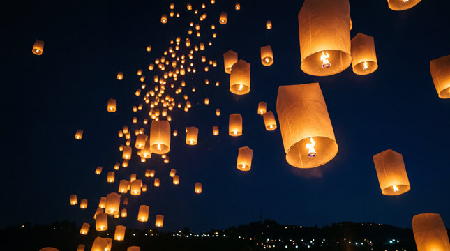 Thousands of Floating Sky Lanterns at Night during Yi Peng Festival in Thailand