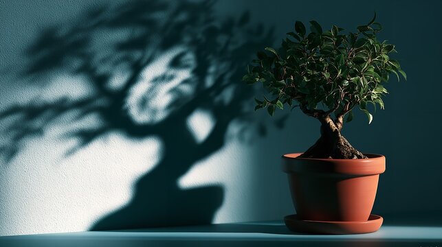 A small bonsai tree in a terra cotta pot casts a long and detailed tree-shaped shadow against a smooth wall under dramatic focused side lighting