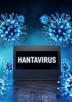 Hantavirus infection concept with blue virus particles and tablet