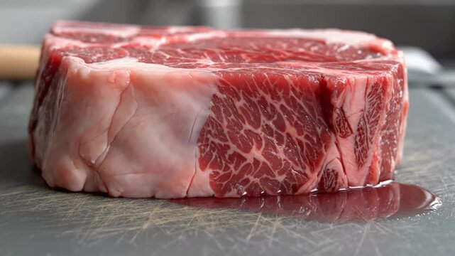 artistic sequence showcasing the preparation and presentation of a premium cut of marbled beef with detailed attention to