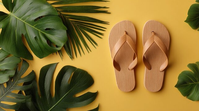 Wooden flip-flops sit on a bright yellow surface. Green tropical leaves frame the sandals. Monstera leaves add lush, natural texture. Palms and broad foliage suggest summer or vacation vibes