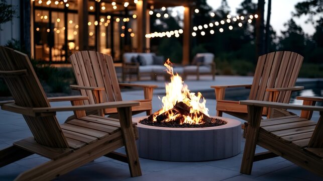 Adirondack chairs surrounding an outdoor fire pit, providing warmth and a relaxing atmosphere on a patio in the evening, with string lights illuminating the background