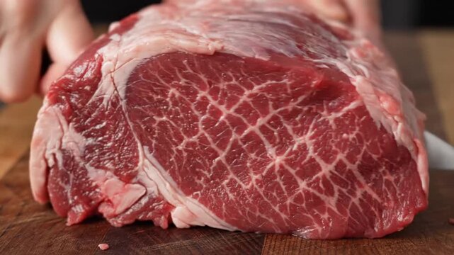 High-quality fresh beef cut into tender steaks ready for cooking demonstration and culinary preparation
