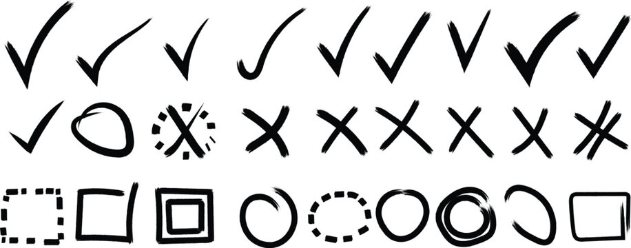Collection of hand-drawn black ink checkmarks, crosses, circles, and rectangles on white background