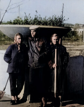 Lozova, Ukrainian SSR, USSR - March 17, 1963: retro vintage photo of Soviet people during subbotnik