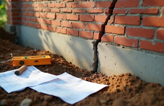 Cracked brick foundation wall with level and plans. House foundation damage needs repair. Exterior home settlement shows structural issues. Safety check for building integrity.