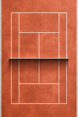 Fototapeta premium Minimal overhead view of an orange tennis court with white boundary lines and a central net shadow.
