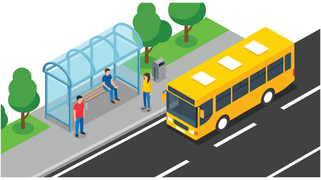 People waiting at public transport bus stop with bus arrival.