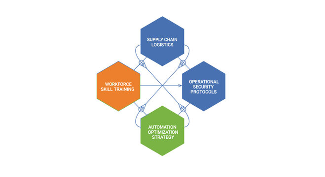 Diagram illustrating the interconnectedness of supply chain logistics, workforce skill training, automation optimization strategy, and operational security protocols.