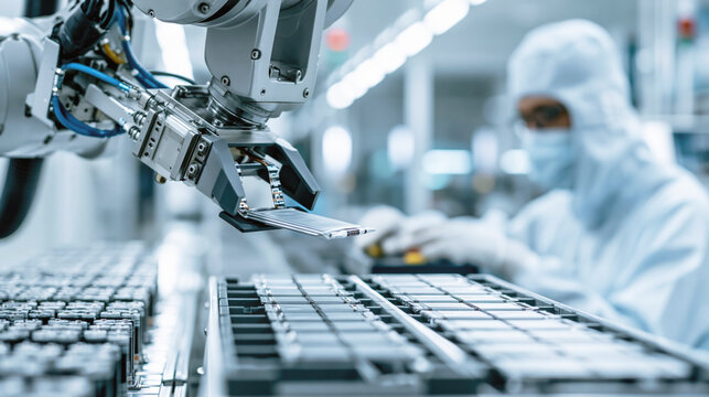 A robotic arm handles semiconductor wafers in a sterile cleanroom while a technician monitors advanced electronics manufacturing.