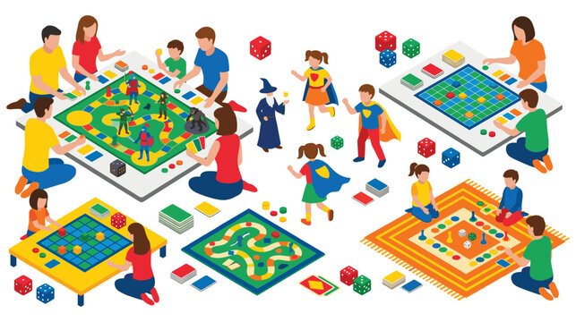 Family board games isometric set with people playing different games.