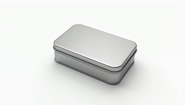 Blank silver metallic rectangular tin box sits isolated on a clean white studio background. This simple container offers ample copy space for design and branding purposes, perfect for commercial use.