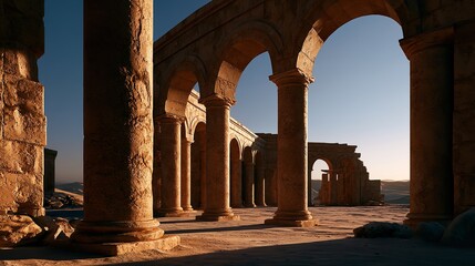 Fototapeta premium A series of tall weathered stone columns and Roman arches stand in a desert landscape during golden hour with long shadows stretching across the sandy floor